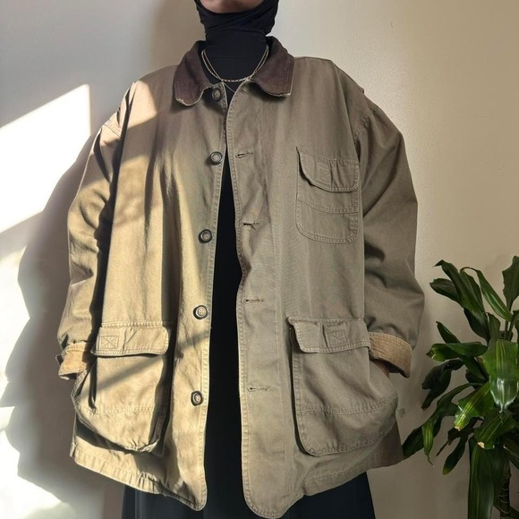 Vintage unisex North Bay Barn Coat – Earthy Olive & Leather Trim size 2XL - Picture 2 of 7